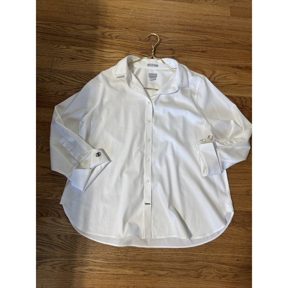 Chico's XL (3) 14 White No Iron Stretch Button Down Tunic Stitch Collar Minimali - Picture 3 of 10